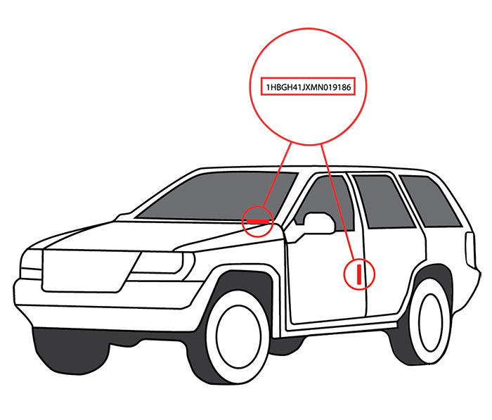 Diagram of a car showing the two VIN locations: the windshield base on the driver's side, and the driver's door jamb